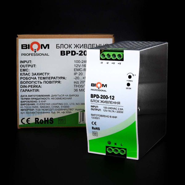Блок питания Biom Professional на DIN-рейку DC 12V 200W 16,7A (BPD-200-12), 100021772