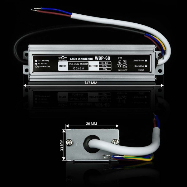 Блок живлення BIOM Professional DC 12V 60W 5А герметичный в металевому корпусі (WBP-60-12) , 100019663