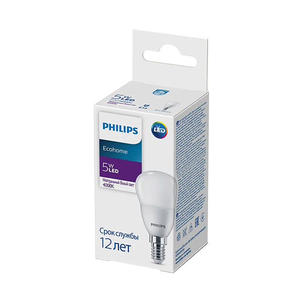 Светодиодная лампа PHILIPS Ecohome LEDLustre 5W E14 500Lm 840 P45 NDFR (929002970037), 100023664