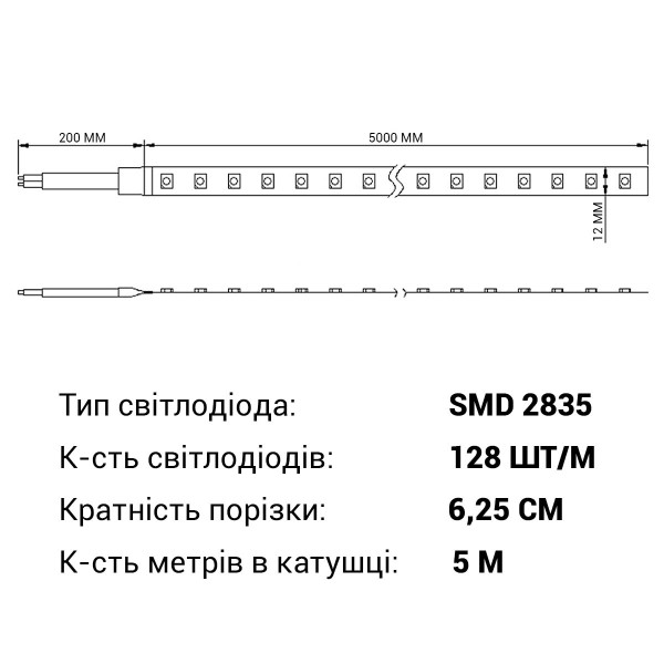 Светодиодная лента RISHANG 128-2835-24V-IP67 12W 1385Lm 3000К 5м (RDA2C8TC-A-WW), 100022399