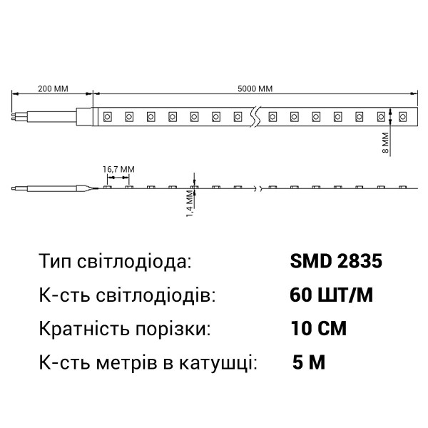 Светодиодная лента RISHANG 60-2835-24V-IP20 6W 550Lm 4500К 5м (RD0860TC-B-NW), 100022368
