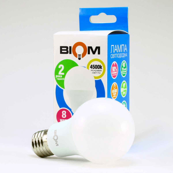 Светодиодная лампа Biom A60 8W 720Lm 4500K 220V E27 Frosted (BT-508), 100015360