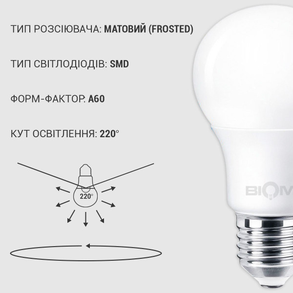 Светодиодная лампа Biom A60 8W 720Lm 4500K 220V E27 Frosted (BT-508), 100015360