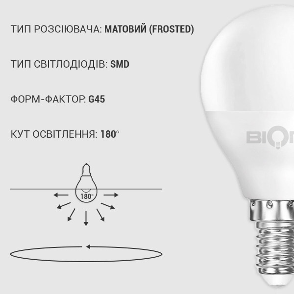 Светодиодная лампа Biom G45 4W 360Lm 4500K 220V E14 Frosted (BT-546), 100001416
