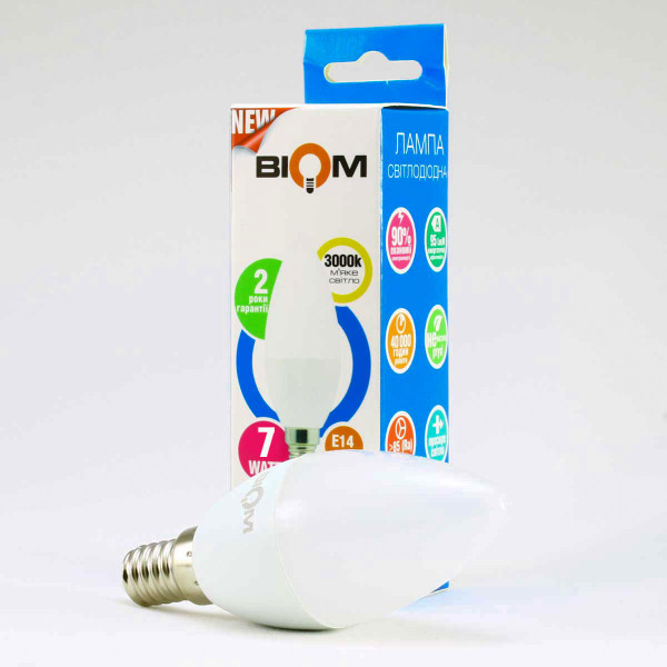 Светодиодная лампа Biom C37 7W 630Lm 3000K 220V E14 Frosted (BT-569), 100001427