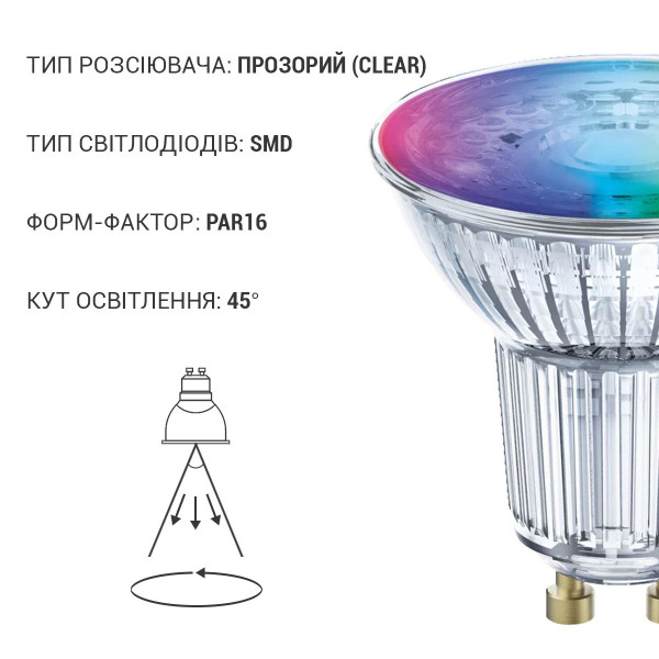 Светодиодная лампа LEDVANCE Smart WI-FI PAR16 5W 350Lm RGBW + 2700-6500K 230V GU10 Рефлектор (4058075485693), 100024166
