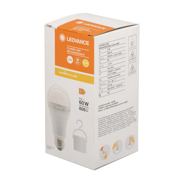 Світлодіодна лампа LEDVANCE LED Classic з акумулятором A60 8W 806Lm 2700K 230V E27 Матовий (Frosted) (4099854102417) , 100024081