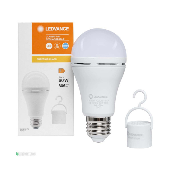 Світлодіодна лампа LEDVANCE LED Classic з акумулятором A60 8W 806Lm 6500K 230V E27 Матовий (Frosted) (4099854102431) , 100024082