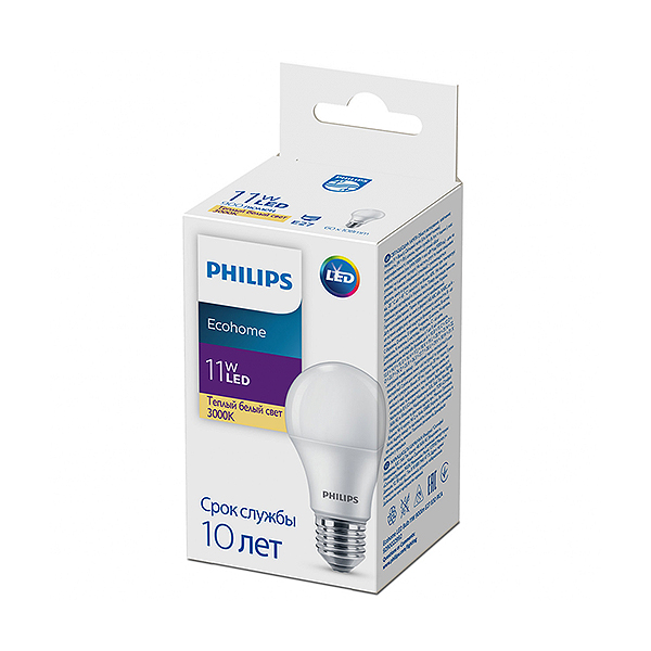 Светодиодная лампа PHILIPS Ecohome LED Bulb 11W E27 900Lm 830 A60 RCA (929002299217), 100023626