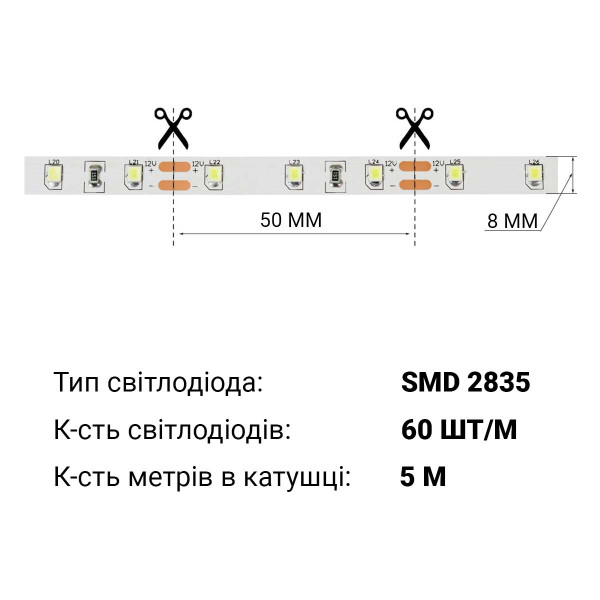 Світлодіодна стрічка BIOM Professional 2835-60-12V-IP20 6,5W 950Lm 7500-8000К 5м (BPS-G3-12-2835-60-CW) , 100014496