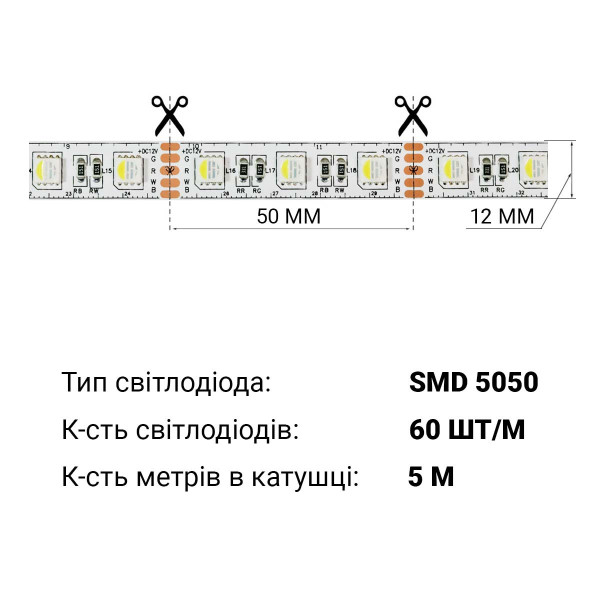Светодиодная лента BIOM Professional 60-5050-12V-IP20 18W RGBW 5м (BPS-G3-12-5050-60-RGBW), 100014505