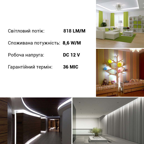 Светодиодная лента RISHANG 120-2835-12V-IP20 8,6W 818Lm 6500К 5м (RN08C0TA-B-W), 100022413